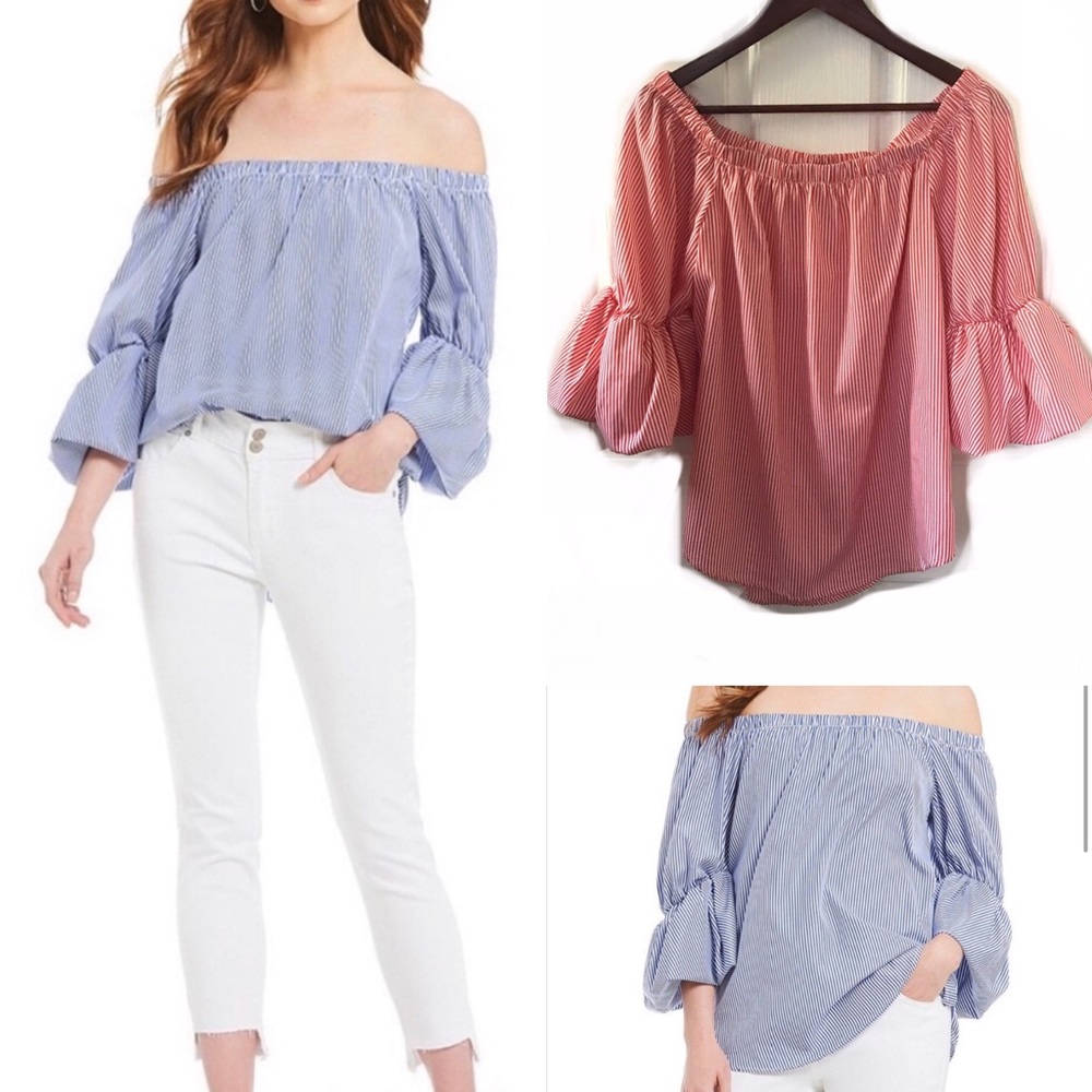 Gibson Latimer red candy-stripe puff sleeve top